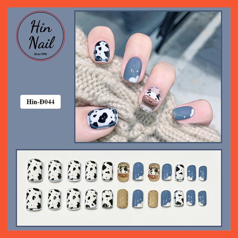 móng giả đính đá Hin Nail form ngắn gắn hình bò sữa