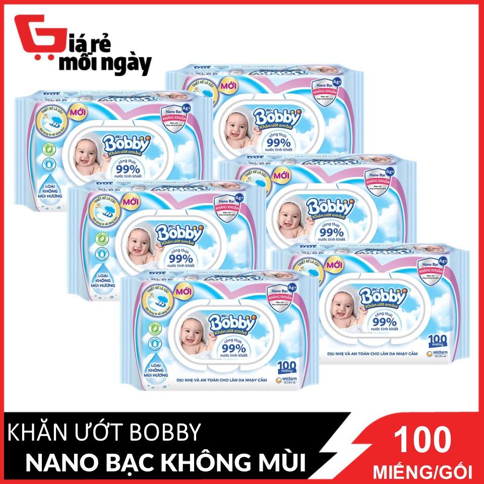 Combo 6 gói khăn giấy ướt Bobby Baby Care Nano bạc không mùi 100 miếng/bịchX6