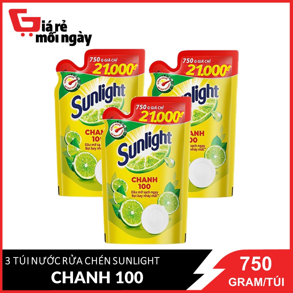 COMBO 3 Túi Nước rửa chén Sunlight Chanh 100 Túi 750gx3