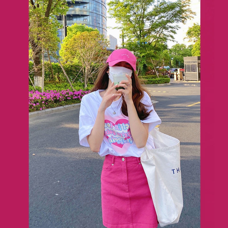 Set Áo Thun Tay Ngắn In Hình Gia Vị Dễ Thương + Chân váy jean Cho Nữ