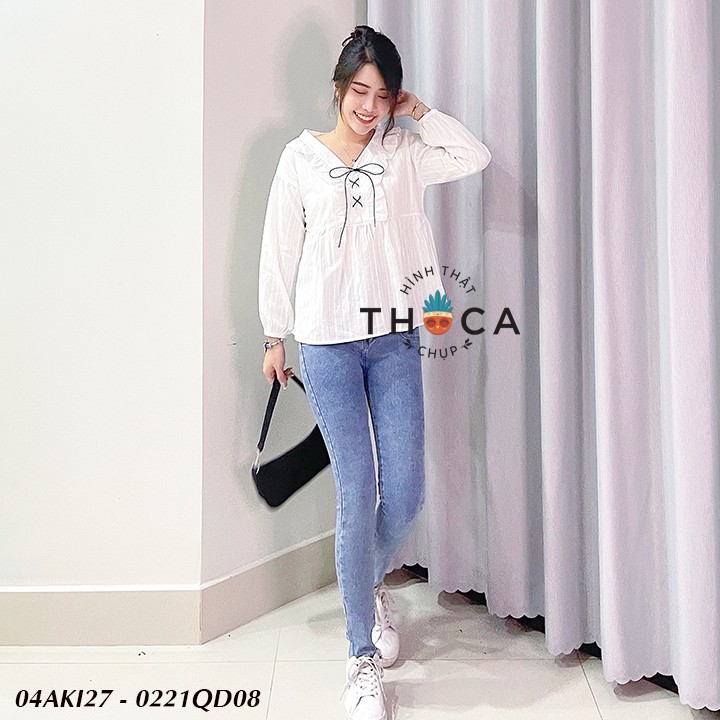 Quần jean nữ skinny dài 2 nút túi bầu kiểu tua THOCA HOUSE màu đen, xanh tôn dáng cao chân dài, dễ phối đồ