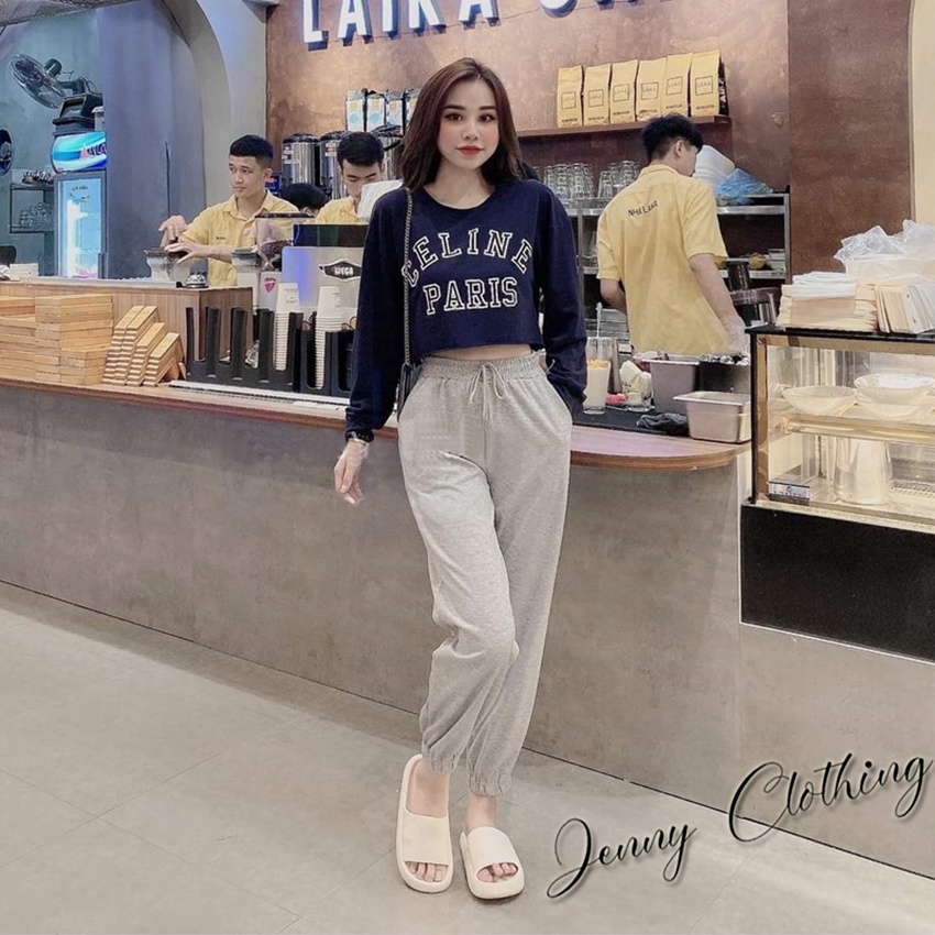 Quần jogger nữ ống rộng cạp chun có dây rút - bộ đồ thu đông nữ áo croptop quần bo gấu nữ vải nỉ ở nhà tập gym cá tính