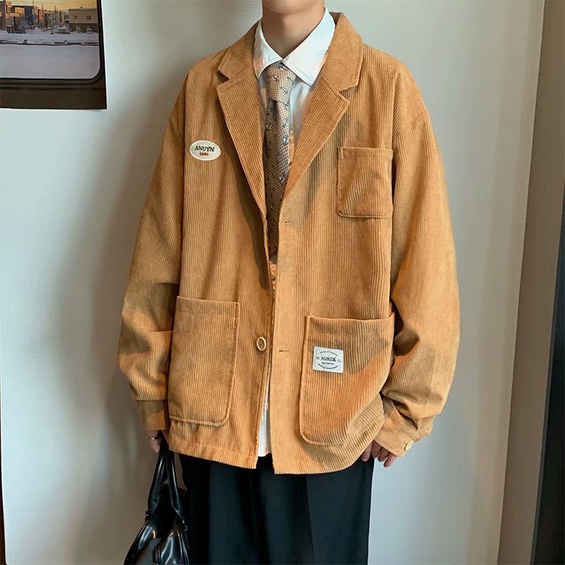 Áo khoác vest nhung kẻ dáng rộng phong cách Retro Hàn Quốc thời trang cho nam