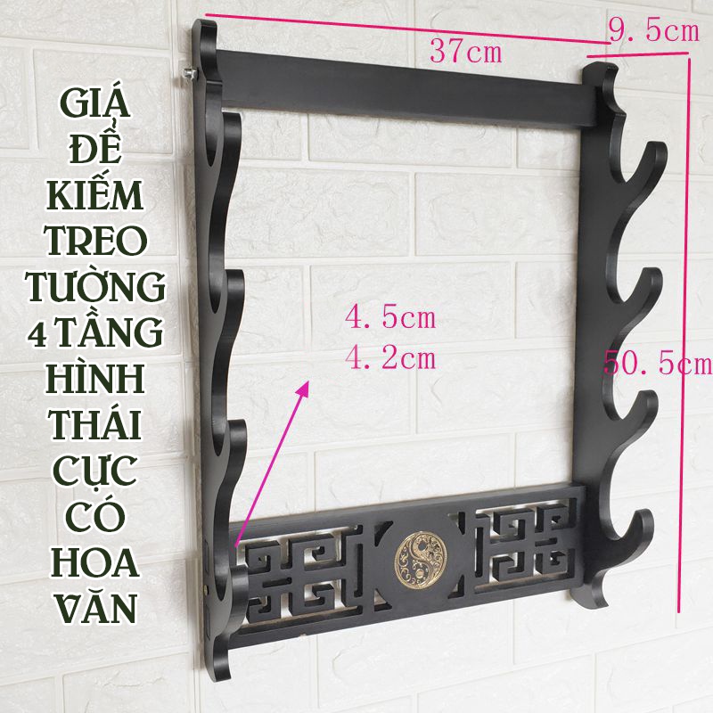 Giá Đỡ Giá Treo Giá Để Kiếm Treo Tường Màu Đen 1 Tầng Hình Thái Cực Có Hoa Văn Mạ Vàng Loại Cao Cấp