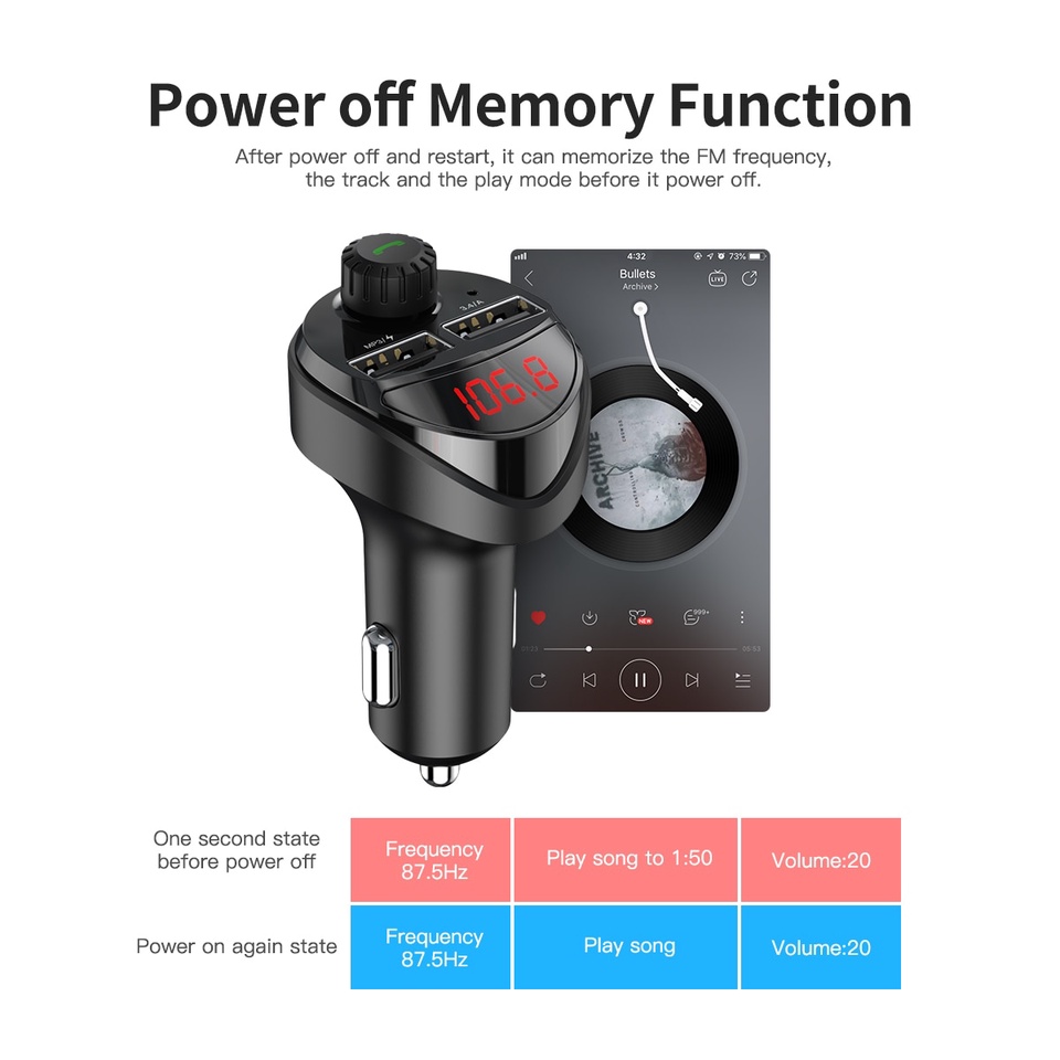 KUULAA Củ Sạc Điện Thoại Hai Cổng usb 3.4a Kiêm Máy Nghe Nhạc mp3 Và Đài fm bluetooth Cho Xe Hơi