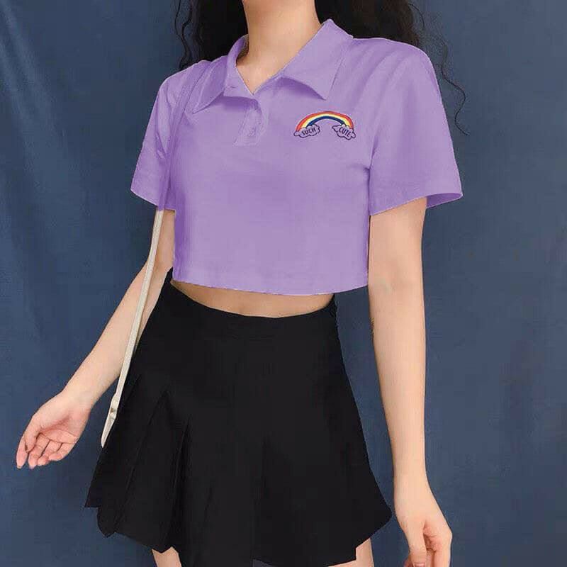 Áo croptop cổ bẻ polo nữ tay lỡ , from rộng, freesize , thun cotton mềm mịn