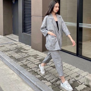 ÁO KHOÁC VEST CARO + QUẦN BAGGY KẺ CARO DÁNG DÀI HOT