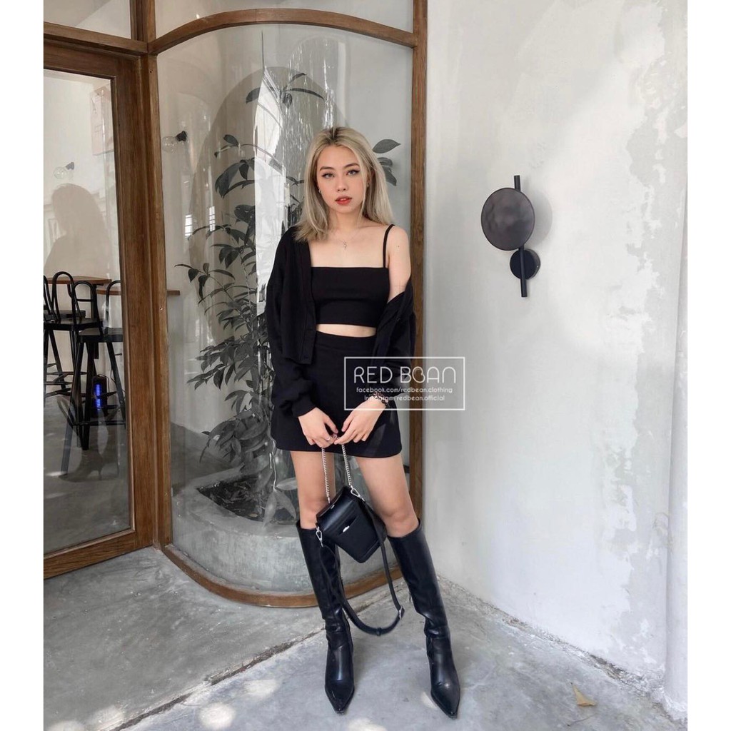Set áo đen croptop 2 dây kèm khoác và chân váy