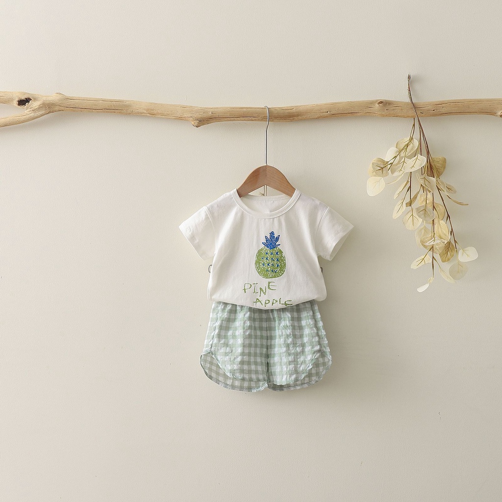 Bộ áo thun cotton ngắn tay in hình trái cây + quần short dễ thương cho bé 0-5 tuổi