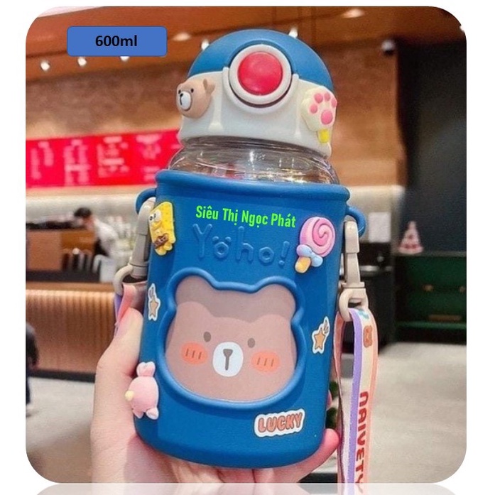 Bình Nước Ngộ Nghĩnh cho Bé 600ML_Có kèm Ống hút, Quai Đeo, Sticker