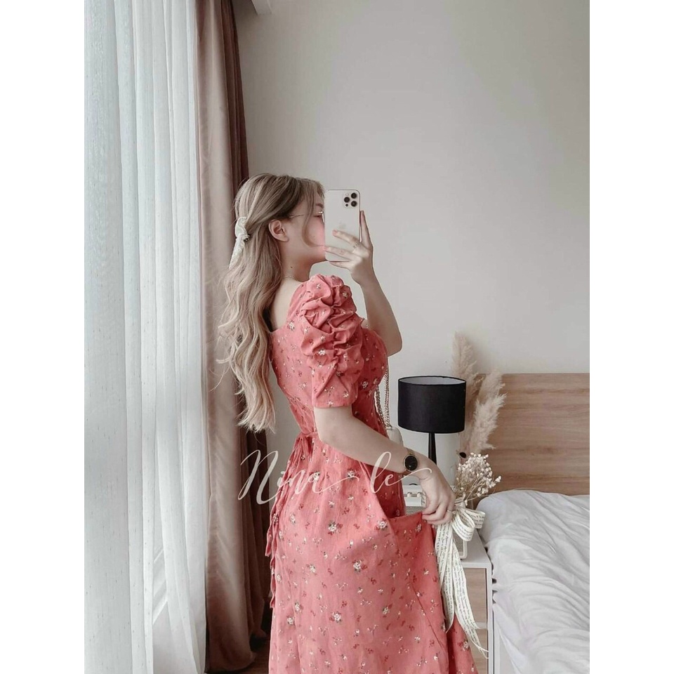 [9.9 Sales Freeship] Đầm hoa cổ vuông nhún ngực tay phồng, đầm maxi hoa đính nút ôm eo dáng xòe đi biển xinh xắn
