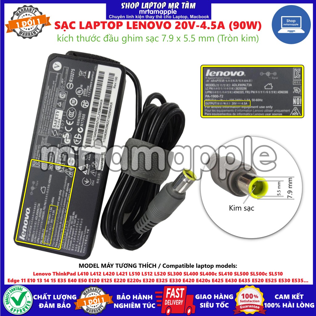 (ADAPTER) SẠC LAPTOP LENOVO 20V 4.5A (90W) (Tròn Kim)  kích thước đầu ghim sạc 7.9 x 5.5 mm