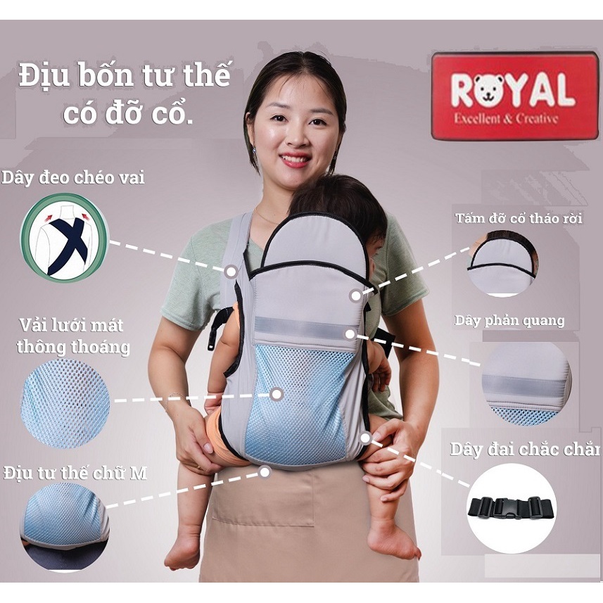 Địu 4 tư thế có đỡ cổ phản quang cho em bé có lưới thoáng mát cao cấp Royal
