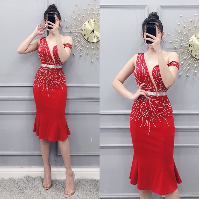 Ảnh thật_ Đầm body kết cườm trễ vai sang trọng | BigBuy360 - bigbuy360.vn