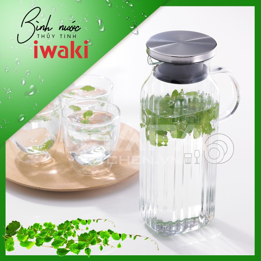 Bình nước thủy tinh Iwaki 1L có quai (thân sọc) - Thương hiệu Nhật - Chất lượng Nhật