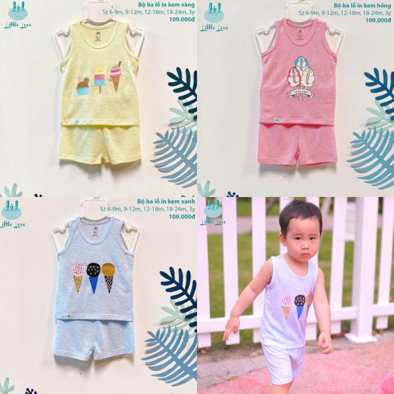 Bộ quần áo ba lỗ in hình kem bé trai bé gái từ 6 tháng đến 3 tuổi hãng Little Love