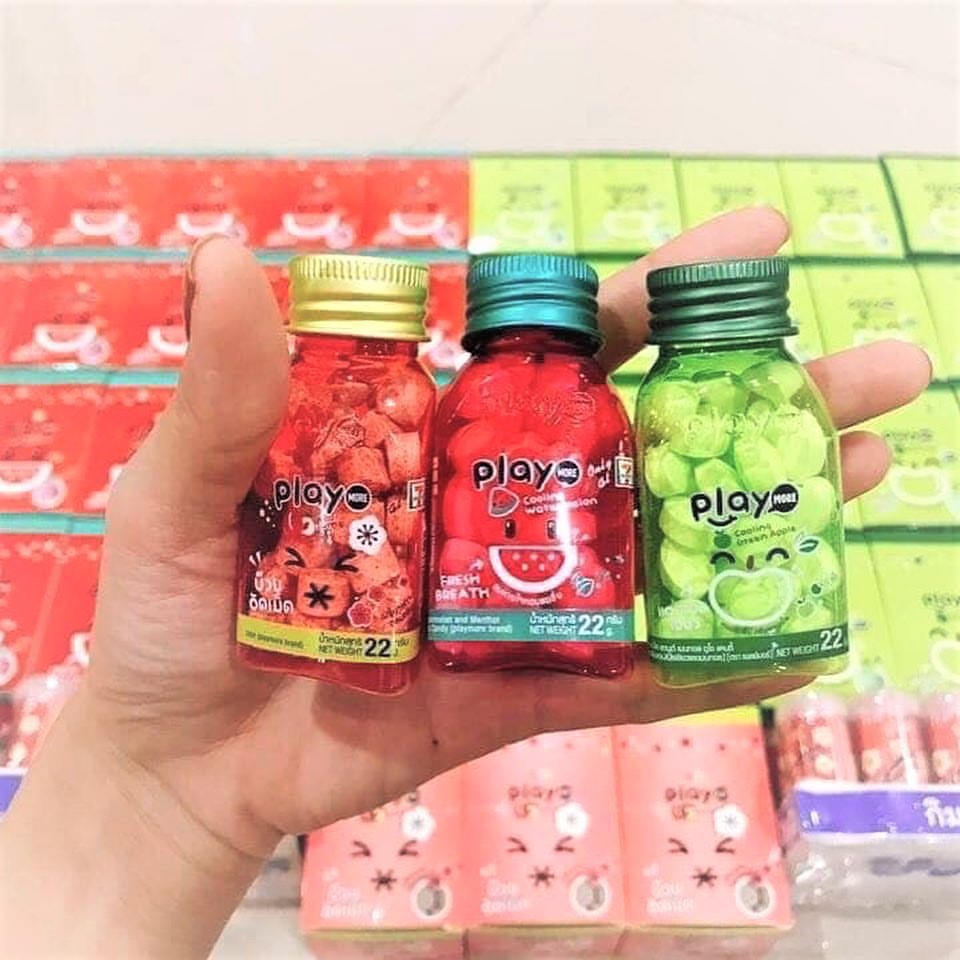 Kẹo Play More Thái Lan (dưa hấu/xí muội/táo) hũ 22g