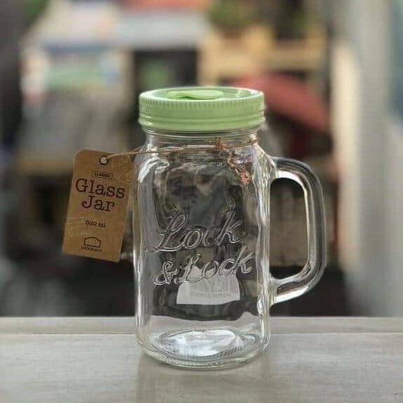 Ly Thuỷ Tinh Có Nắp Đậy, Bình Detox Có Tay Cầm Thủy Tinh Glass Jar 630ML Nắp nhựa