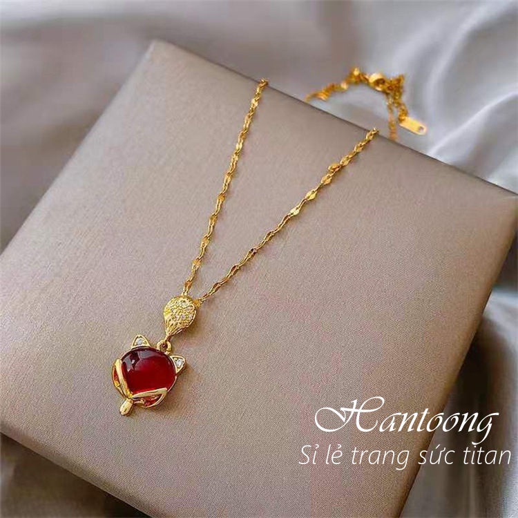 Dây Chuyền Titan Không Gỉ Mặt Hồ Ly Đính Đá Bảo Thạch Đỏ Thời Trang Sang Trọng