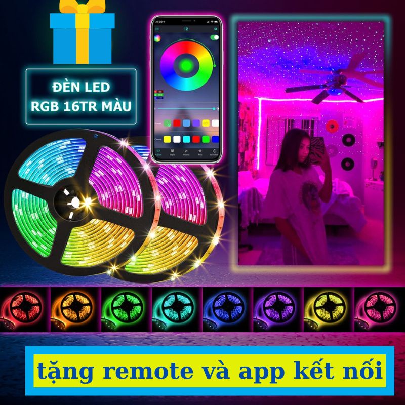 Cuộn đèn Led dây dán 5m dán tường đổi nhiều màu (RGB) có remote điều khiển - Đèn Led Tiktok Trang Trí Phòng Ngủ