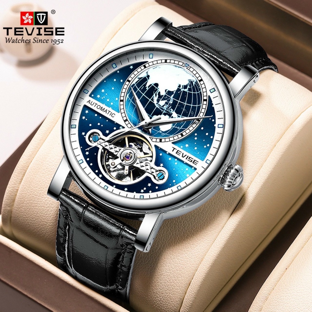 Đồng hồ cơ Nam Tevise dây da cao cấp, phản quang ban đêm, hàng chính hãng