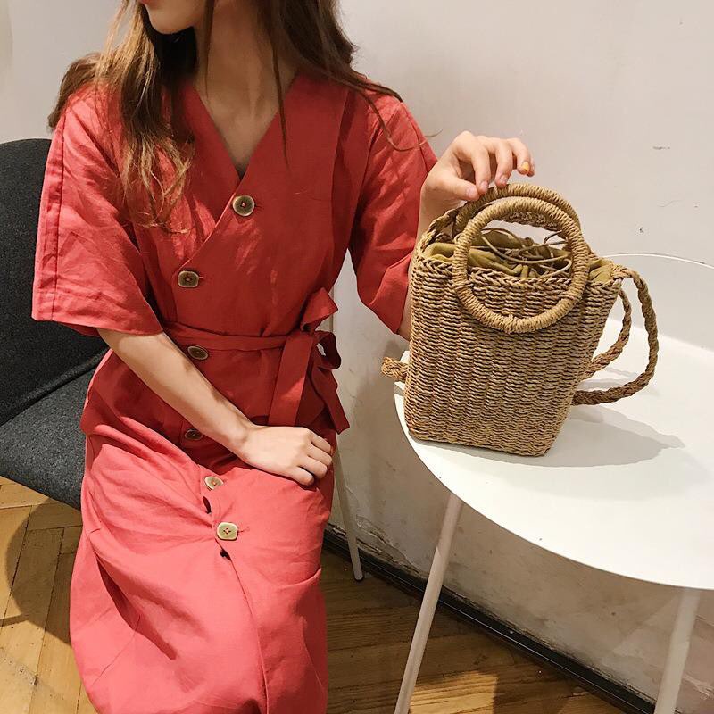 Túi cói cứng hình thang đeo chéo - quai tròn cầm tay - phong cách Vintage