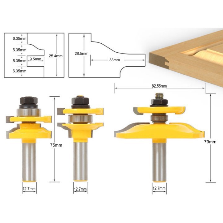 Bộ mũi phay gỗ ghép cạnh cửa, cốt 12.7mm