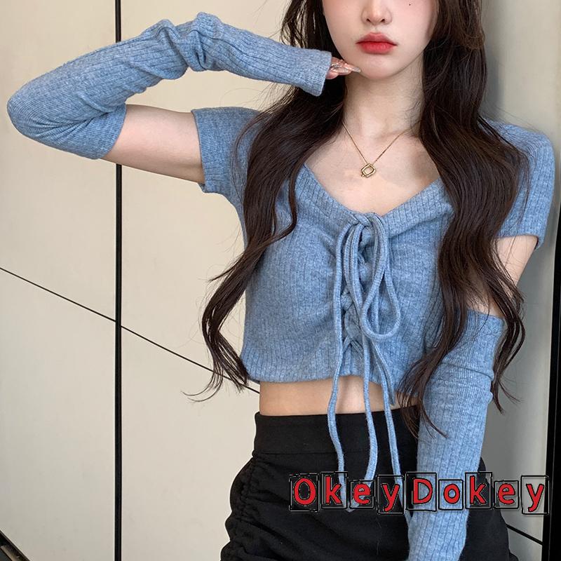 Set Áo Croptop Ngắn Tay Cổ Chữ V + Áo Kiểu Dây Rút Phía Trước Thời Trang Cho Nữ