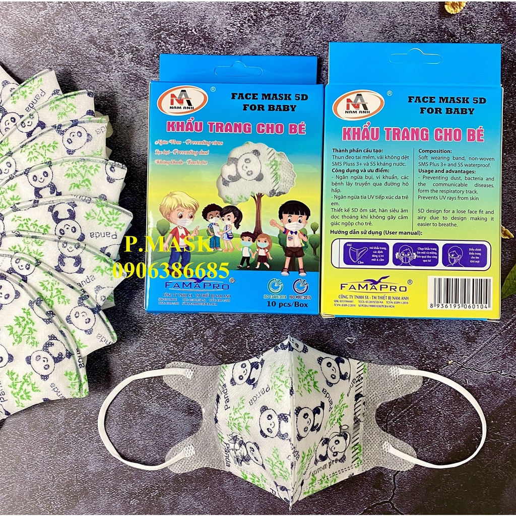 Khẩu Trang 5D KIDS FAMAPRO Hộp 10 cái IN HOẠ TIẾT kháng khuẩn dành cho bé Đoremon / Kitty / Gấu Trúc