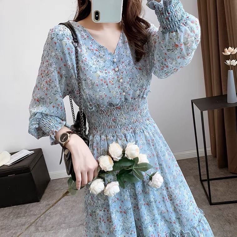 Váy Đầm Hoa Voan Hai Màu Xanh Trắng  Dáng Dài Họa Tiết Xinh Xắn