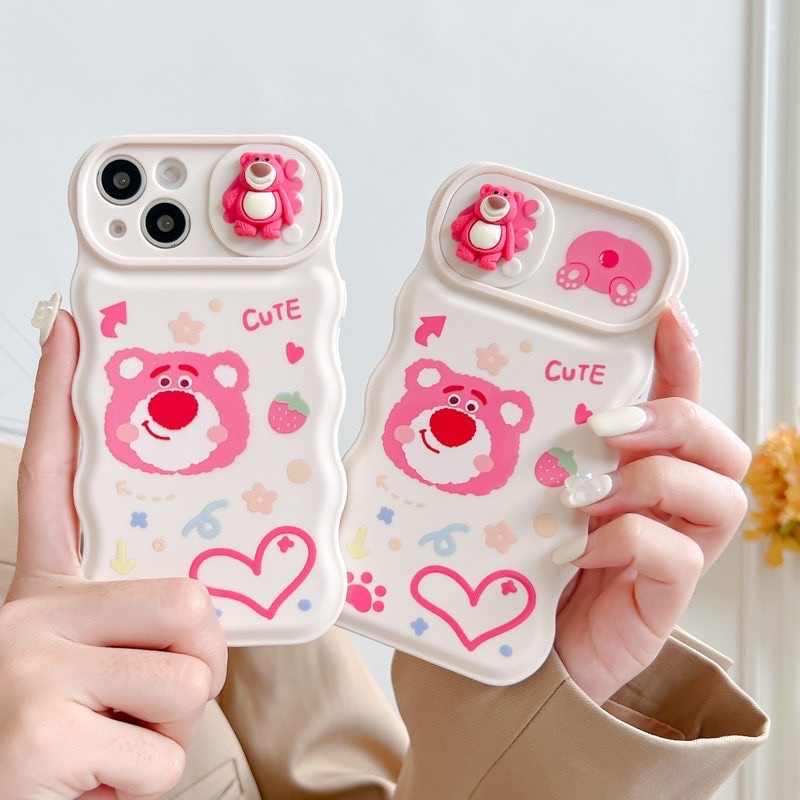 Ốp lưng iphone mềm dẻo viền mây có che camera hình gấu losto màu hồng cute quả dâu trái tim dễ thương đáng iu
