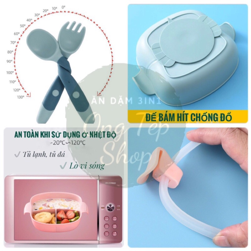 Bộ bát ăn dặm chống đổ chia ngăn cho bé - 5 chi tiết kèm thìa dĩa tập xúc, ống hút silicon và nắp đậy