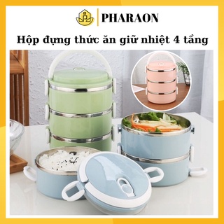 Hộp đựng cơm giữ nhiệt 4 tầng, cặp lồng đựng cơm lúa mạch giữ nhiệt đồ ăn, ruột Inox, dung tích 2,5l lít - PHARAON