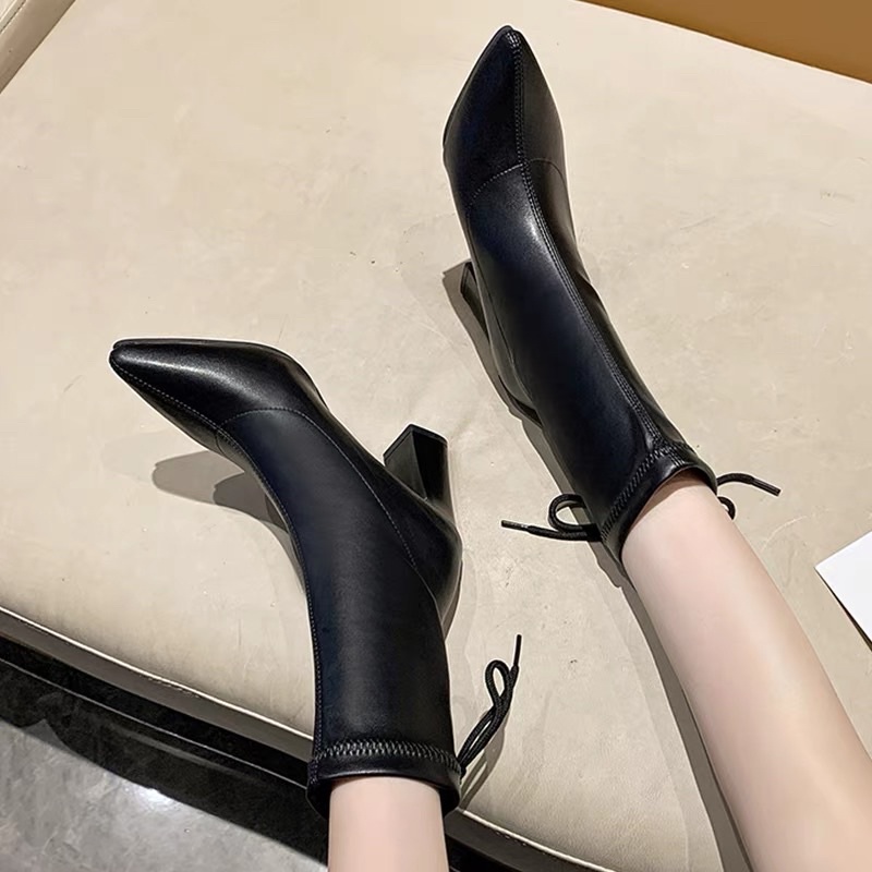 BOOT CAO CỔ DA LÌ GÓT 7CM BUỘC DÂY SAU/BỐT NỮ CAO GÓT MŨI NHỌN | BigBuy360 - bigbuy360.vn