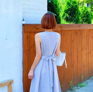 Đầm sọc xanh bo eo (kèm hình thật)