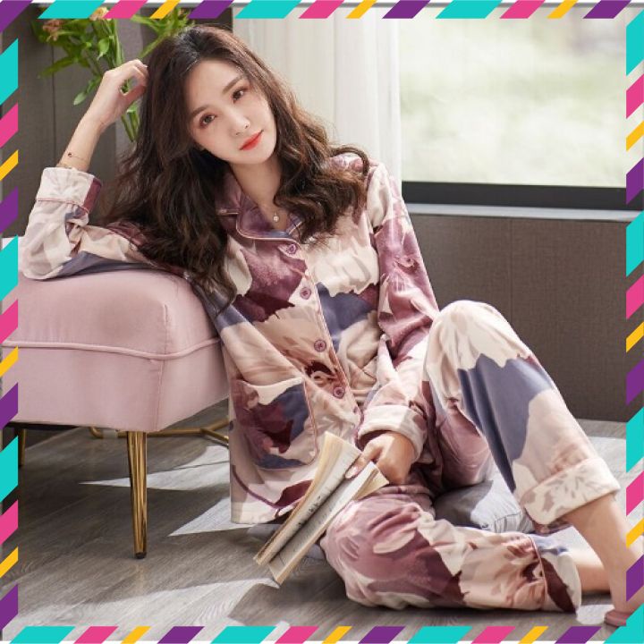 Đồ Bộ Nữ Pijama Tay Dài Quần Dài Cao Cấp Chất Dày Ấm in hình ngộ nghĩnh