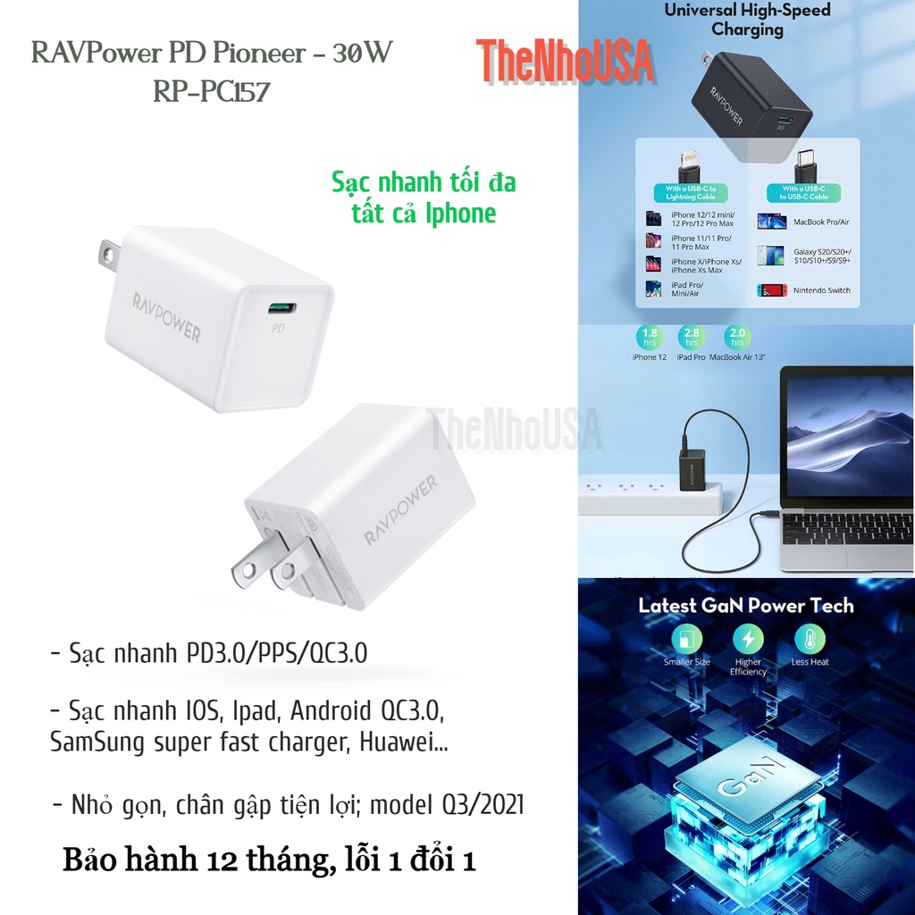 Củ sạc nhanh RAV 30w - 1 cổng type C (GaN) RP - PC157 [BH 12T]
