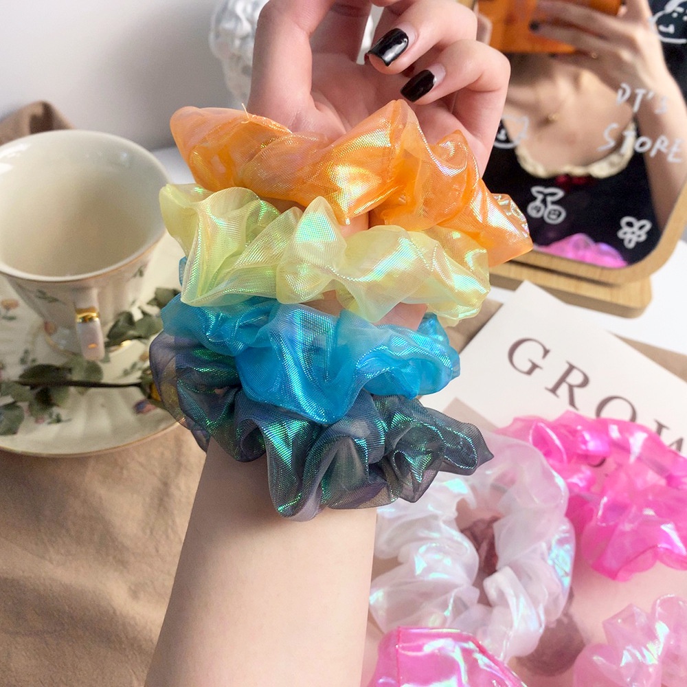 (0482) Scrunchies Chun Buộc Tóc Vải Voan Cứng Ánh Sáng Màu Sắc