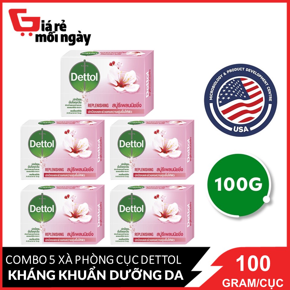 Combo 5 bánh Xà bông cục Dettol Kháng khuẩn dưỡng da (Hồng) 100g