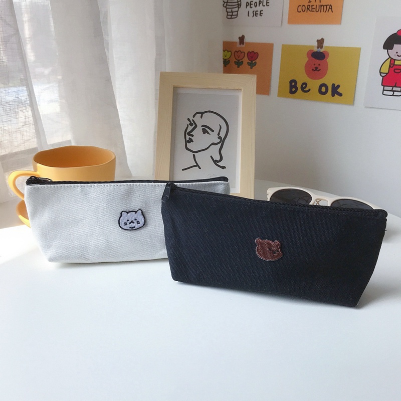 Túi Đựng Bút Bằng Vải Canvas Thêu Họa Tiết Dễ Thương Phong Cách Hàn Quốc Tiện Dụng Chất Lượng Cao Ốp