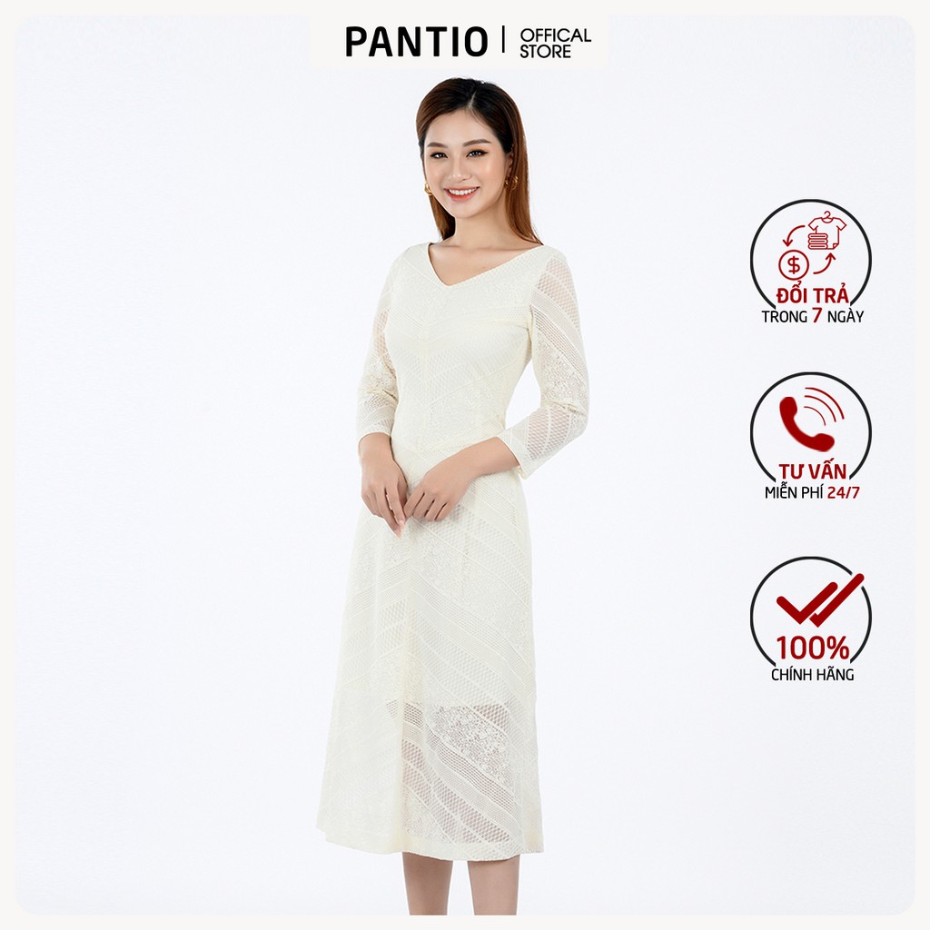 Đầm công sở chất liệu ren lưới dáng xòe cổ tim FDC92858 - PANTIO