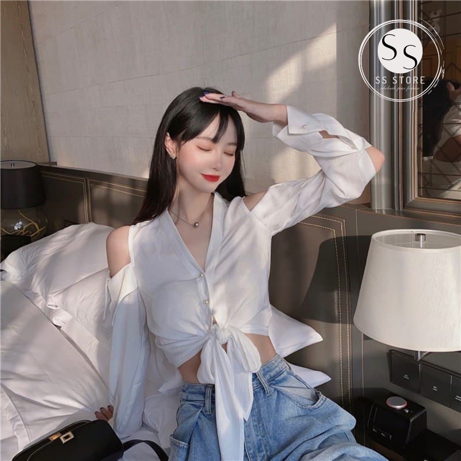 Áo Sơ Mi Khoét Hở Vai Thắt Dây Eo Chất Lụa Mịn Mát Thích Hợp Mặc Đi Tiệc Đi Chơi Đi Dạo