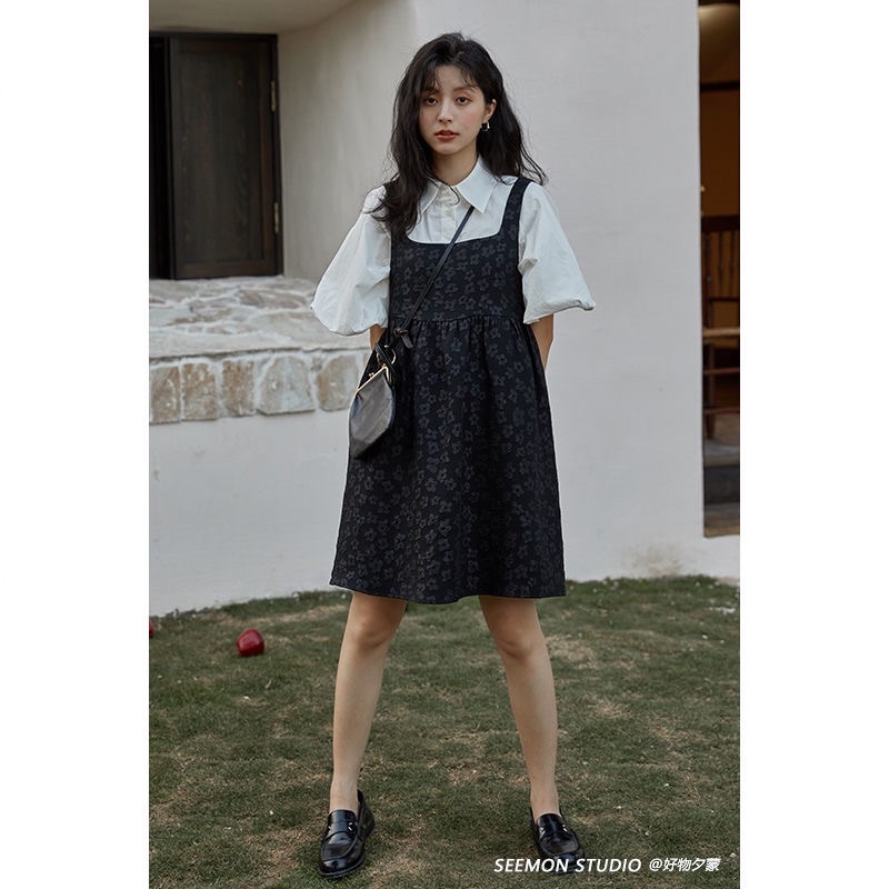Set Áo Sơmi Tay Bồng Và Đầm Yếm Đen Bồng Babydoll