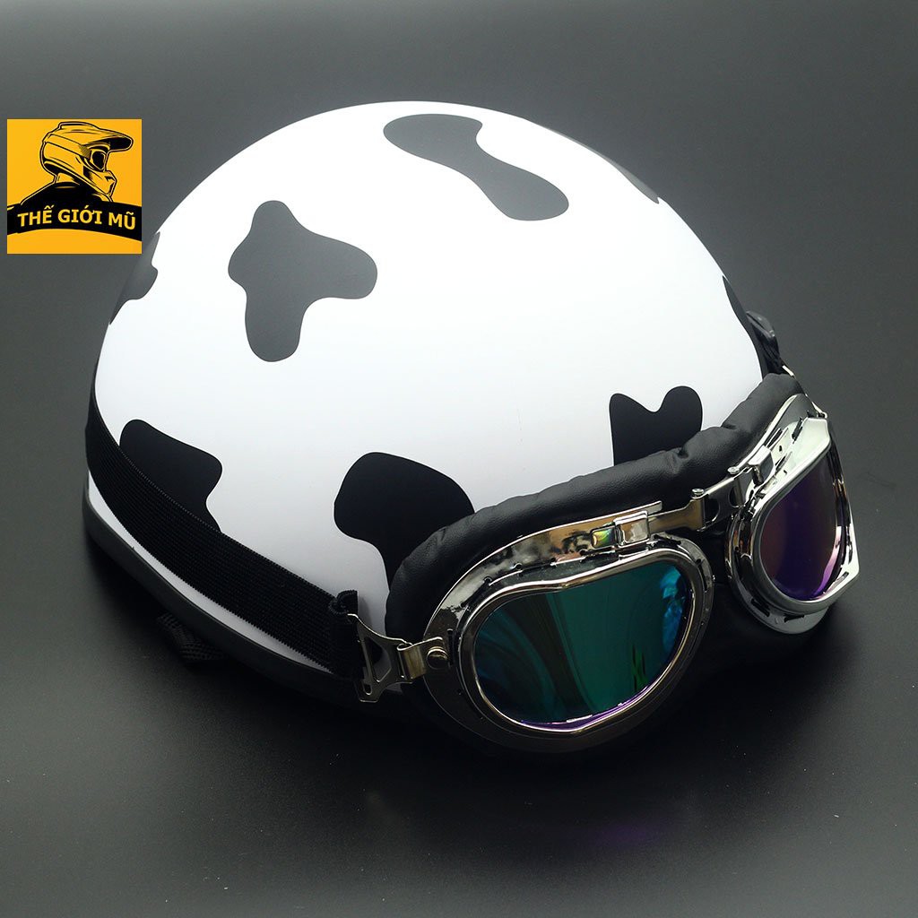 Mũ bảo hiểm bò sữa trắng đen nửa đầu kèm kính xinh xắn, free size nam nữ