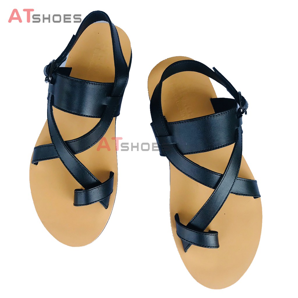 Dép Sandal Unisex cao cấp Da Bò Thật Sandal xỏ ngón nam nữ chuẩn kiểu Hàn Quốc Trẻ Trung Atshoes XDxn203(Đen- đế vàng)