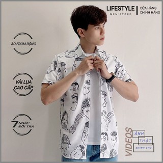 Áo sơ mi nam tay ngắn unisex họa tiết emoji cổ bẻ dáng rộng chất liệu lụa nhẹ và mát lifestyle2021
