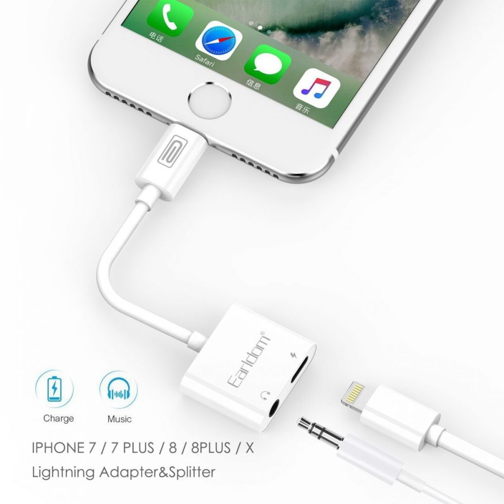 Jack Chuyển Lightning 2 in 1 Earldom OT-16 (Ra 1 Cổng Lightning và 1 Cổng 3.5 Audio)
