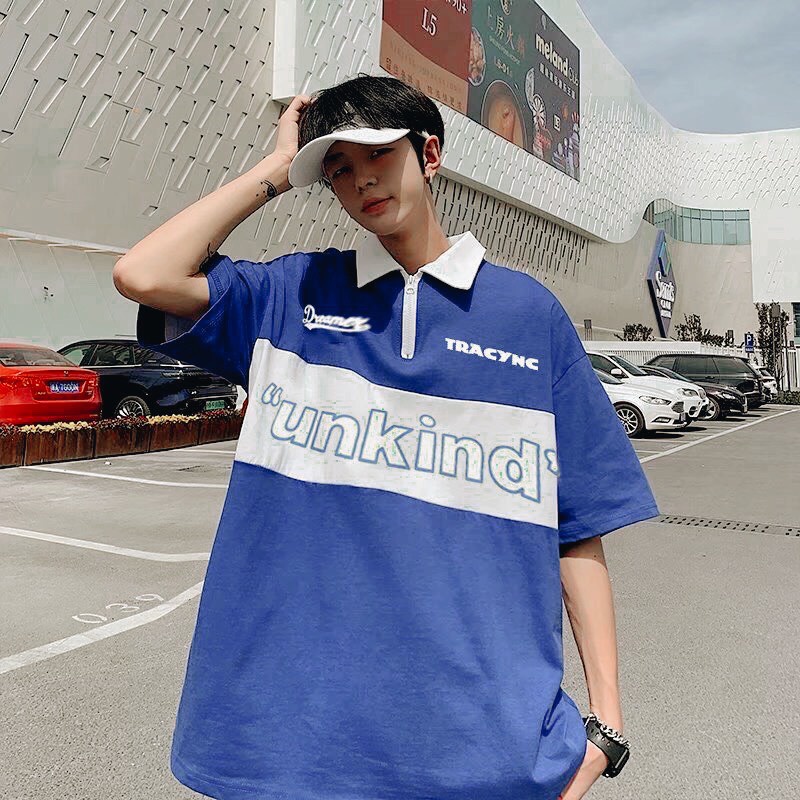 Áo phông form rộng, áo thun POLO nam nữ tay lỡ có cổ freesize unisex màu xanh đen UnKind giá xưởng Moonunisex