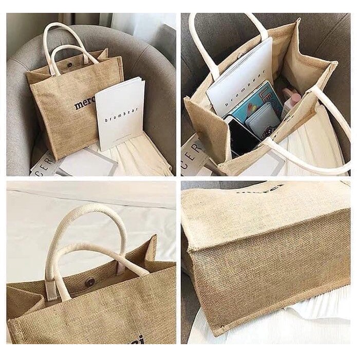 Túi Cói Merci Phong Cách Vintage 1 Màu Sáng, Có Đệm Đáy Giữ Form Túi, Có Lót