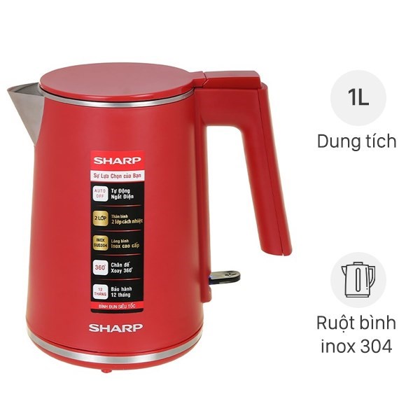 Bình ấm đun siêu tốc Sharp EKJ-10DVPS-RD/BK 1.0 lít inox 304 - Bảo hành 12 tháng chính hãng